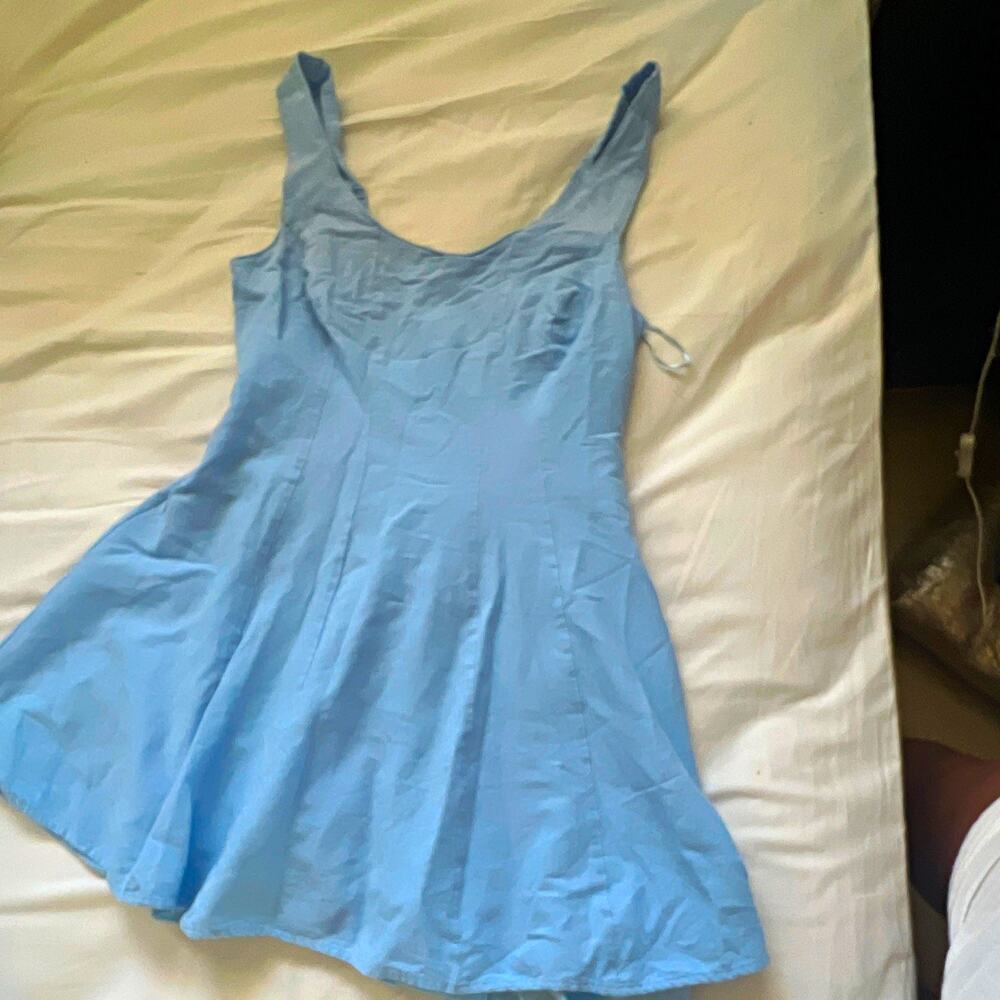 Japna Blue linen Square Neck Strappy Sleeveless Smocked Back Mini Dress Women XS